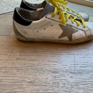Golden Goose White and Black Sneakers with Yellow Laces